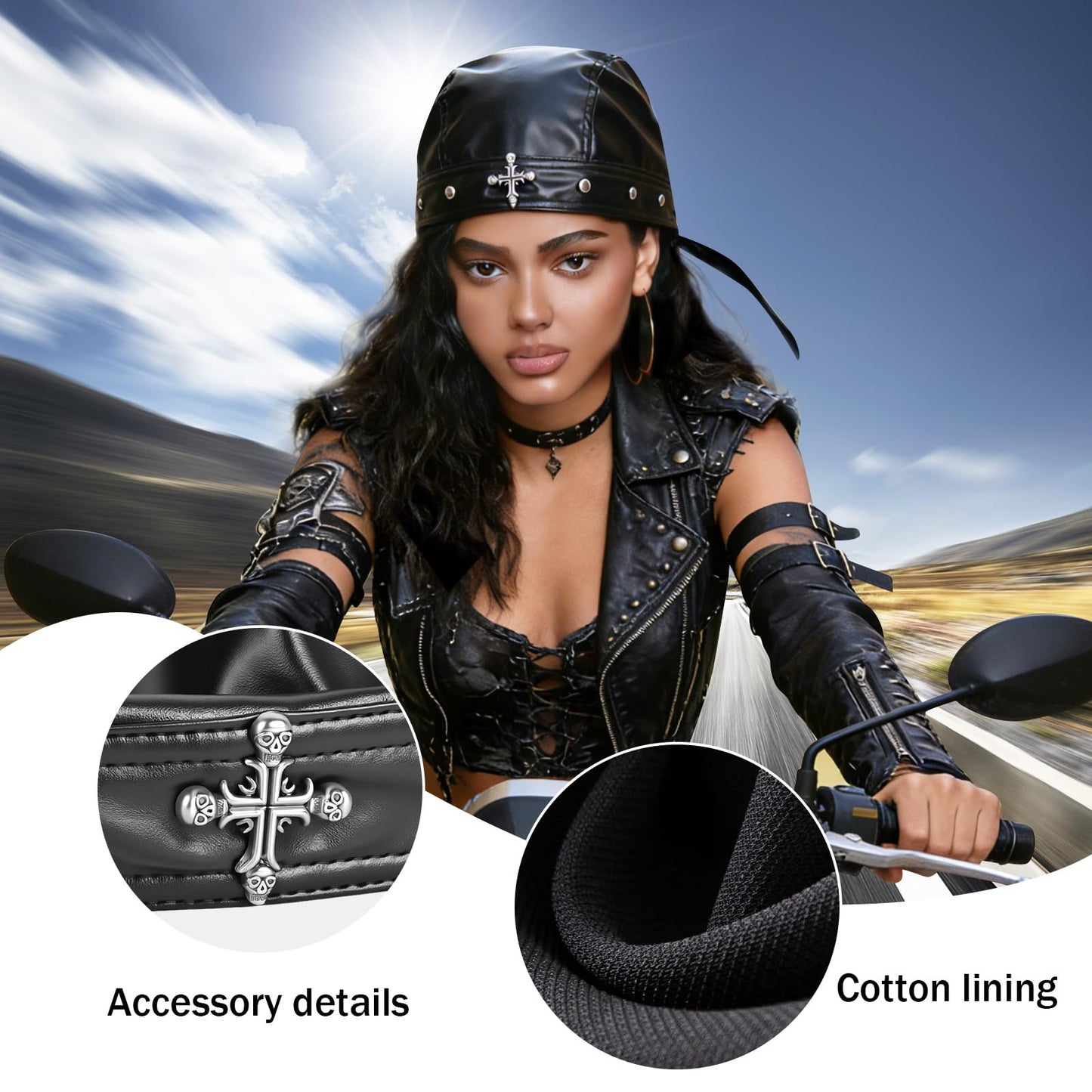 Vigdit Leather Biker Cap, Black Skull Cap for Women & Men, Adjustable Leather Punk Bandana Biker hat with Pants Chain
