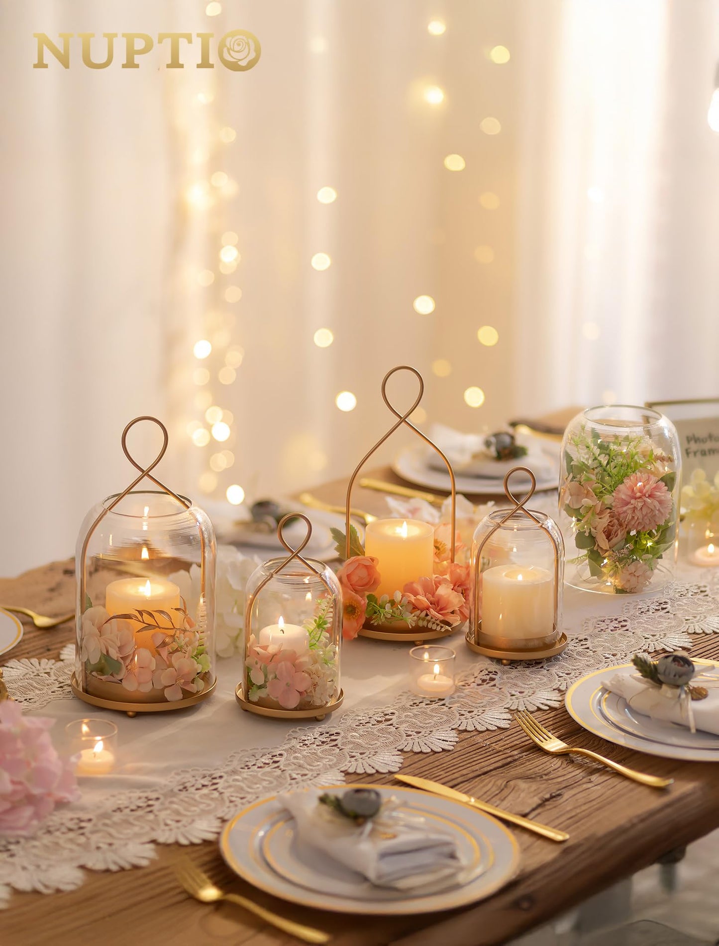 NUPTIO Glass Lanterns Decorative Outdoor: Gold Hurricane Candle Holders for Pillar Candles - Set of 2 Hanging Lantern for Home Thanksgiving Christmas Party Centerpiece