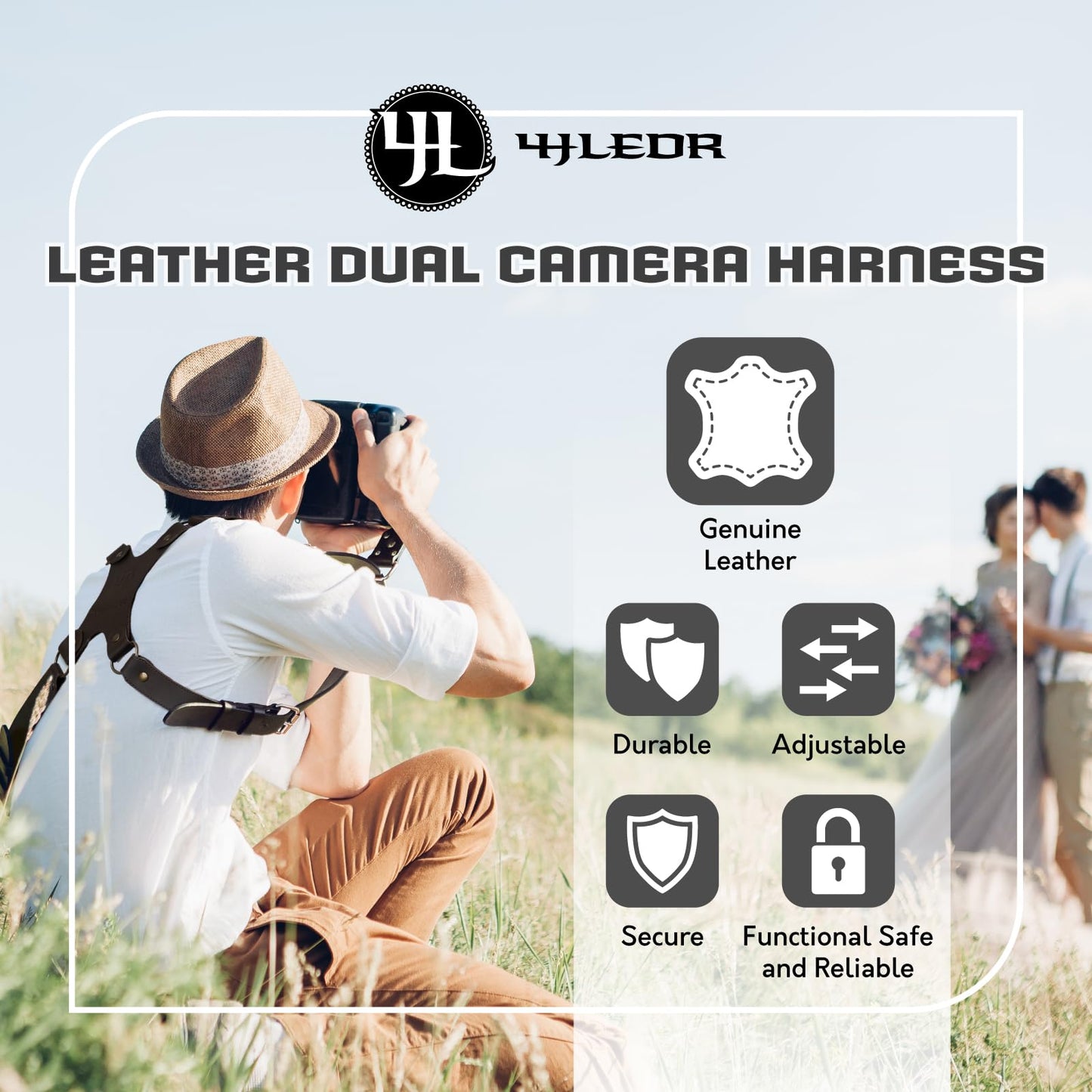 4J LEDR Camera Harness for 2 Cameras,Dual Shoulder Leather Camera Strap for DSLR/SLR,Full Grain Leather Harness,Multi Double Camera Gear Strap,Double Camera Harness for Photographers,Brown