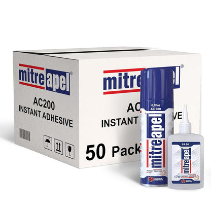 MITREAPEL Ca Glue with Activator (50 x 1.7 oz - 50 x 6.7 fl oz), Cyanoacrylate Super Glue for Plastic, Glass, Leather, Ceramic, Woodworking, DIY, 3D Printing - Instant Bond - 50 Pack