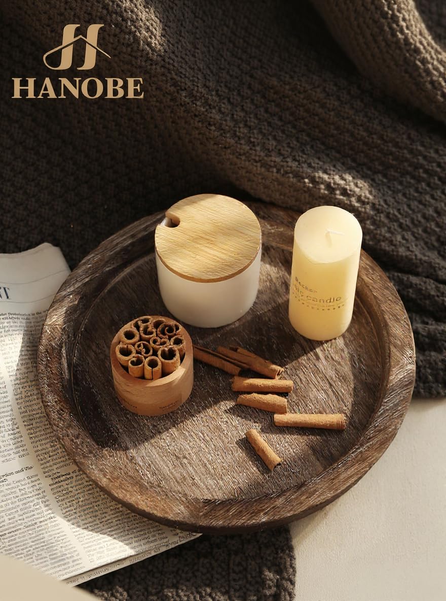 Hanobe Candle Plate Holder Tray: Round Wood Decorative Candle Plate - Rustic Farmhouse CoffeeTable Decor - Tealight Pillar Trays for Home Decor (Distressed)