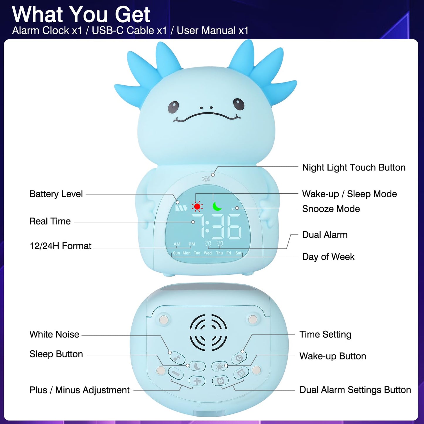 ollycasa Axolotl Alarm Clock for Kids, Rechargeable Ok to Wake Clock with Night Light - BPA-Free Silicone Sleep Training Clock, Cute Toddler Wake Up Clock for Boys Girls Bedroom
