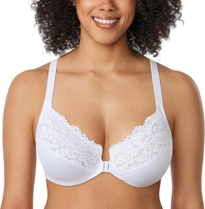 DELIMIRA Women's Front Closure Plus Size Full Coverage Lace Underwire Racerback Bra