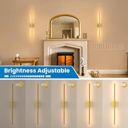 NIORSUN 28 Inch Battery Operated Wall Sconce Set of 2, 360° Rotation Gold Rechargeable Wall Lights with Detachable Tube and Remote, 3CCT Dimmable Wireless Wall Lamp for Living Room Bedroom Hallway