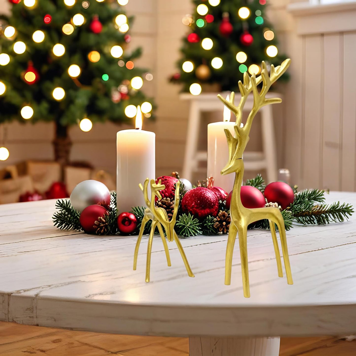 Set of 2 Golden Christmas Decorations Reindeer Statues Modern Aluminum Alloy Xmas Figurines Elegant Christmas Tabletop Ornaments for Mantel Fireplace Living Room Bedroom Home Deco