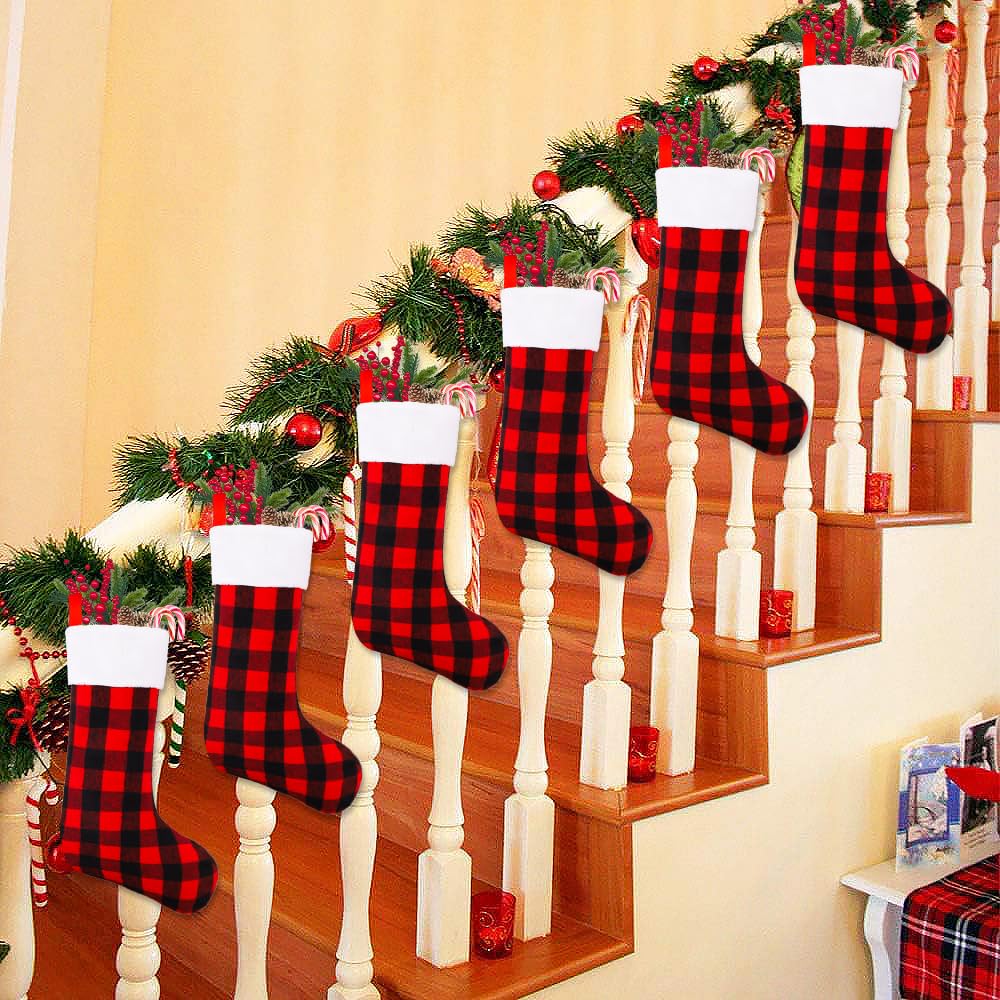 YUJUN 6 Pack 22 Inches Christmas Stockings, Xmas Large Black Red Buffalo Plaid Hanging Stockings Decorations for Christmas Tree Fireplace Family Holiday Party Decor