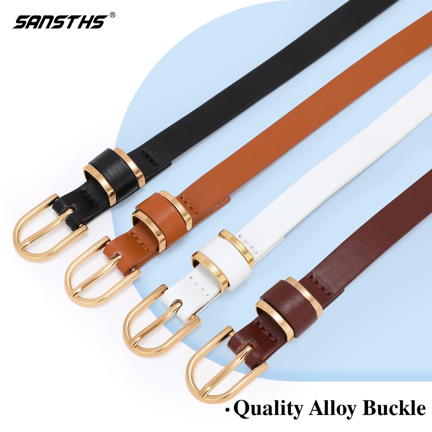 SANSTHS 4 Pack Women Thin Belts for Jeans Dresses Coats Skinny Women Belt with Gold Alloy Buckle, Black+White+Coffee+Brown M