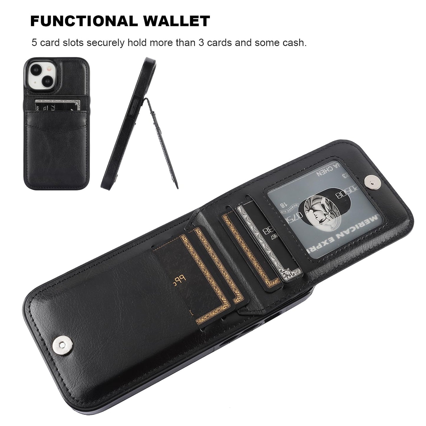 KIHUWEY Compatible with iPhone 15 Case Wallet with Credit Card Holder, Flip Premium Leather Magnetic Clasp Kickstand Heavy Duty Protective Cover for iPhone 15 6.1 Inch (Black)