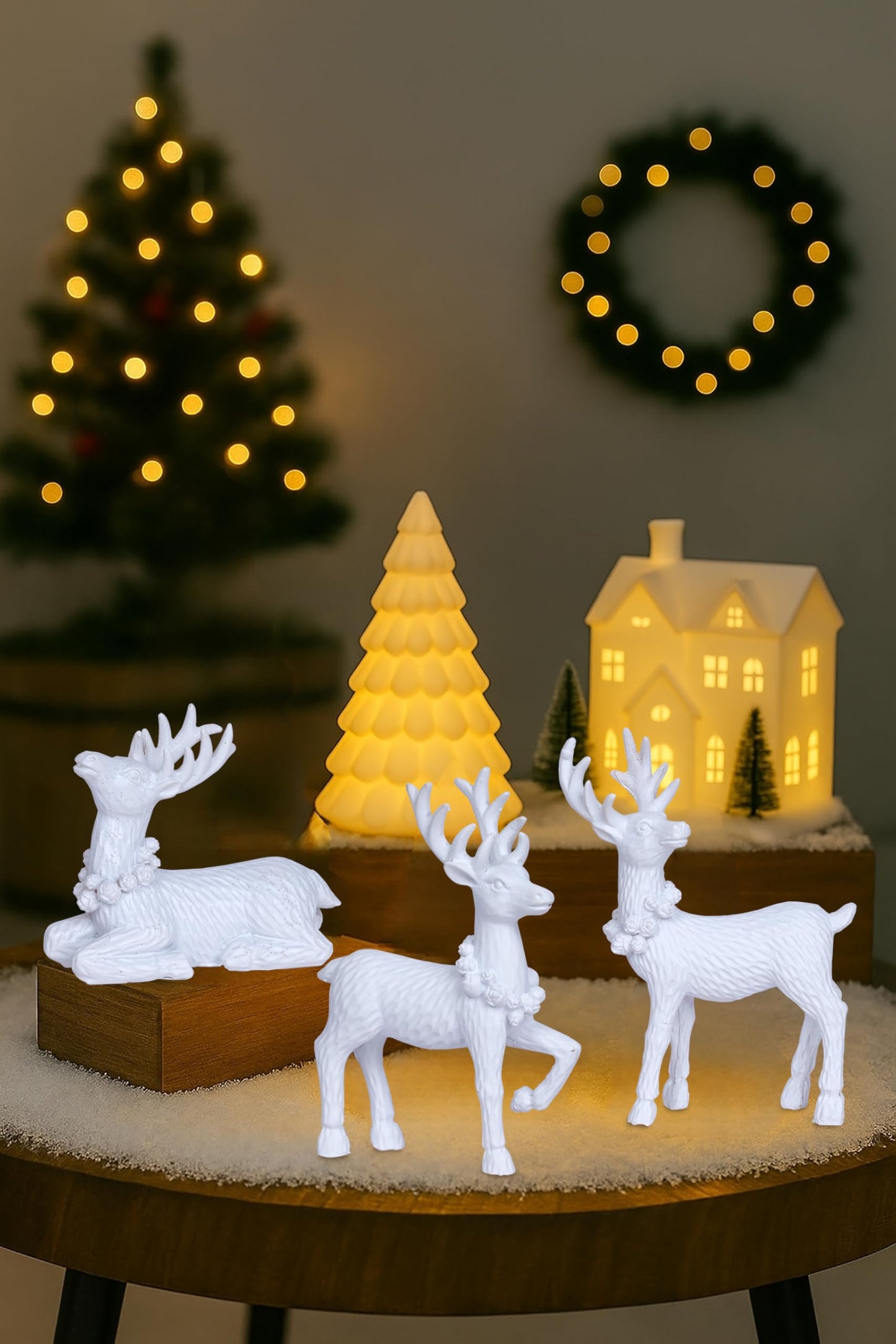White Christmas Reindeer Decor Set of 3 Resin Standing Deer Figurines Elk Sculpture Christmas Figurine Centerpieces for Home Tabletop Shelf Elegant Xmas Deer Statue Artificial Animal Table Decorations
