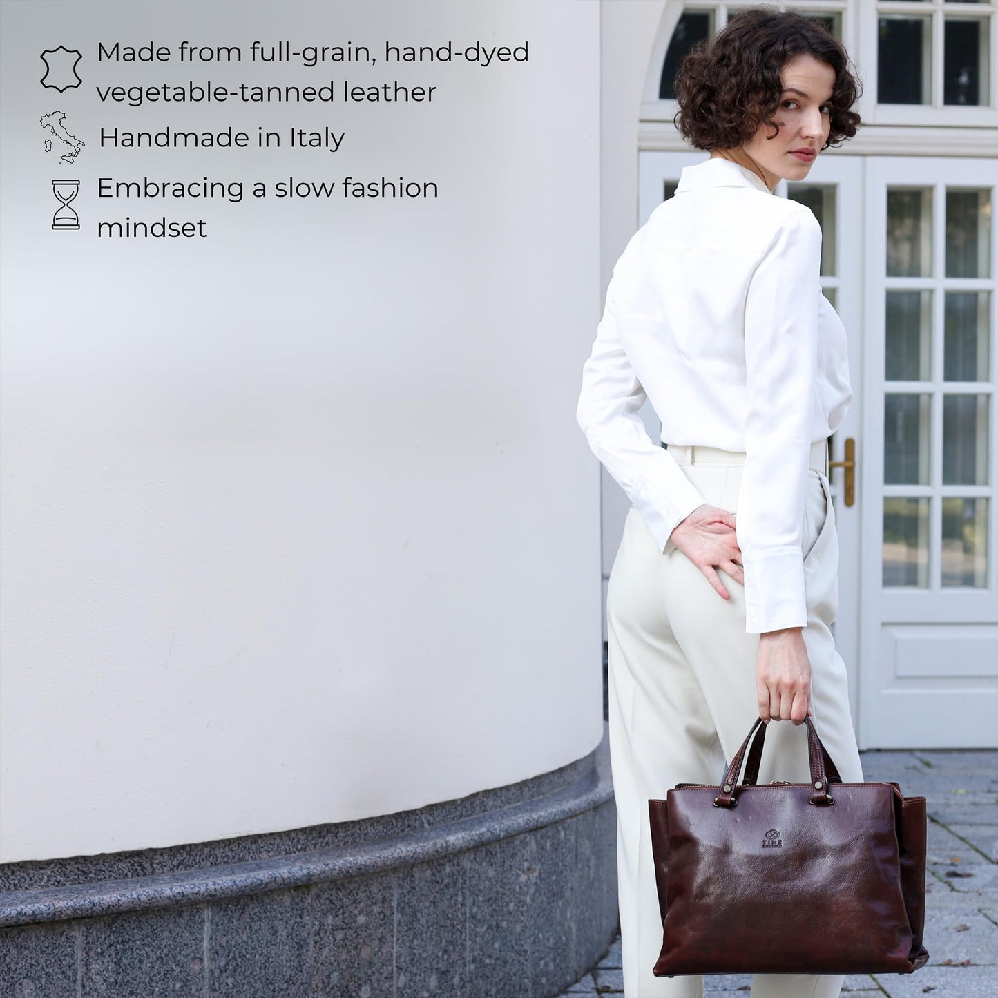 Time Resistance Leather Handbag for Women - Italian Handmade Top Handle Bag - Purse (Brown)