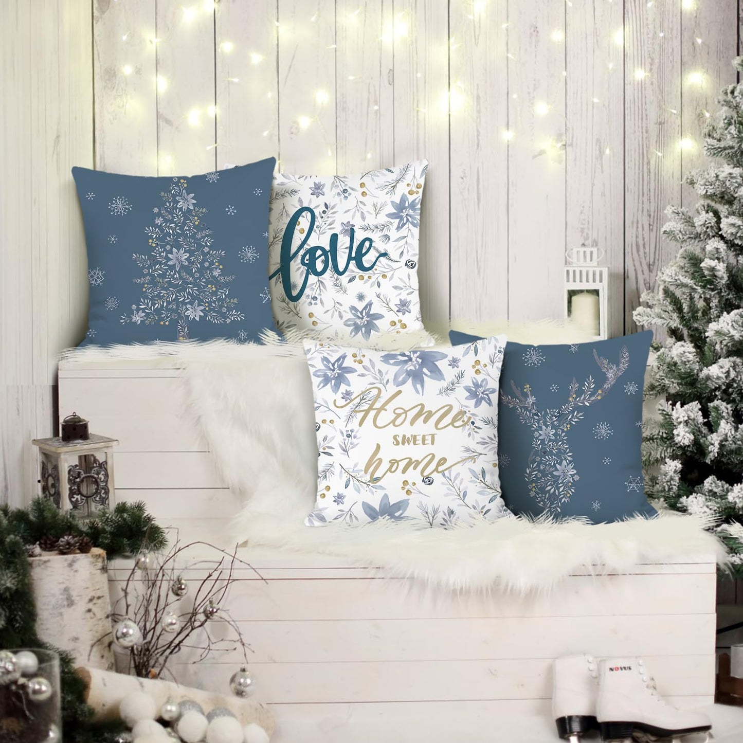 Bonhause Winter Throw Pillow Covers 18 x 18 Inch Home Sweet Home Snowflake Xmas Tree Deer Blue Grey Christmas Decorations Pillows for Sofa Couch Winter Decor Set of 4