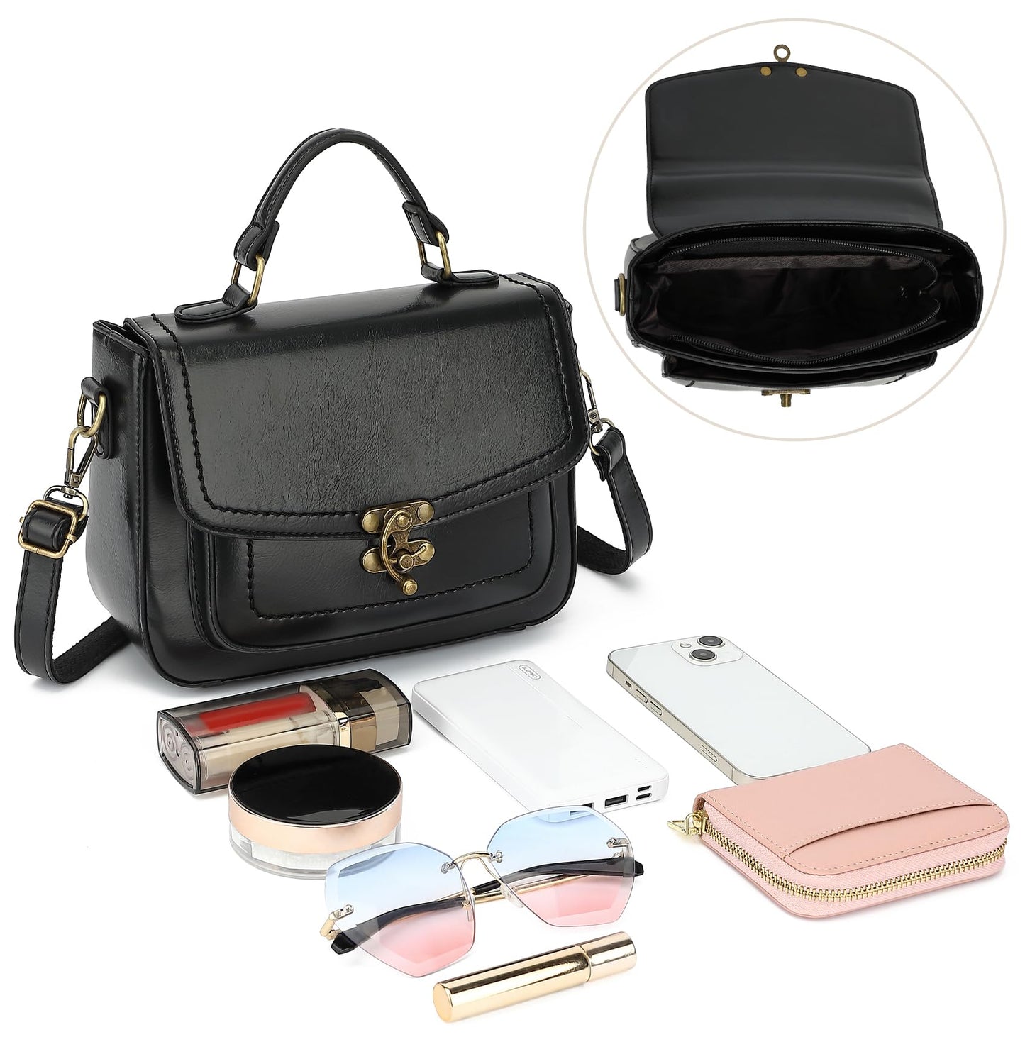 Vintage Crossbody Bags for Women Small PU Leather Satchel Purse Retro College Messenger Bag Top Handle Shoulder Handbag