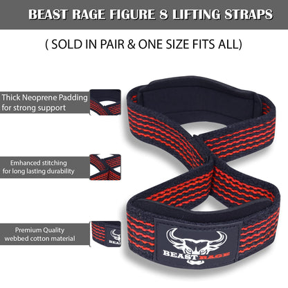 BEAST RAGE Heavy Duty Lifting Wrist Straps for Weightlifting, Figure 8 Loop Powerlifting Deadlift Strap wraps Weights Padded Support Professional Fitness Gym Bodybuilding (Red)