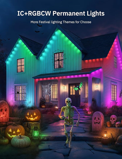 100FT Permanent Outdoor Lights Pro, 50 IC+RGBCW Smart Eaves Lights with 48 Scene Modes, IP67 Waterproof Outside String Lights for House Halloween, Christmas All Year Decor, APP/Remote Control