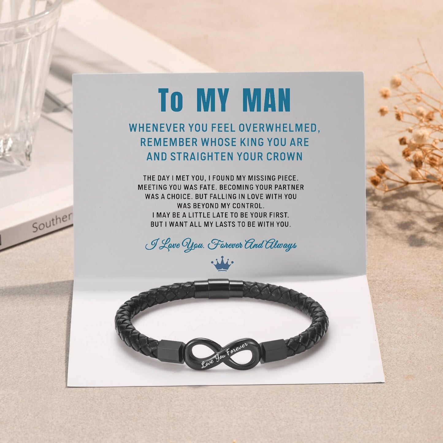 Coolvy To My Man Infinity Bracelet for Men Valentine Birthday Christmas Gifts for Boyfriend Husband Personalized Leather Bracelets