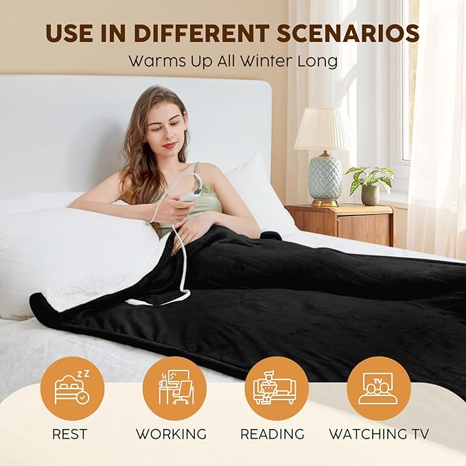HYLEORY Heated Electric Blanket Throw 50"x60" Soft Fleece & Flannel with 5 Heating Levels & 3 Hours Timer Auto Shutt Off, ETL Certified, Washable，Heated Blanket for Body-Black