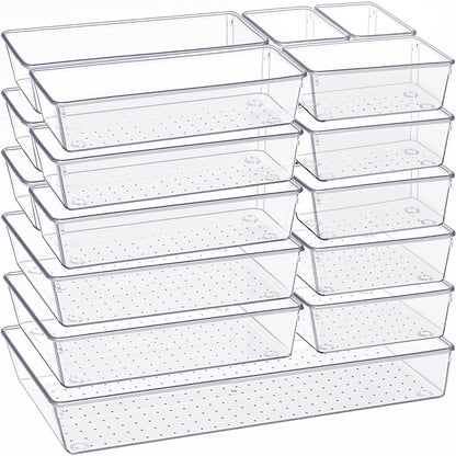 Criusia Drawer Organizer, 10 Pack Large Clear Plast Set, 3 Size Versatile Bathroom and Vanity Organizer Trays, Storage Bins for Makeup, Bedroom, Kitchen Utensils