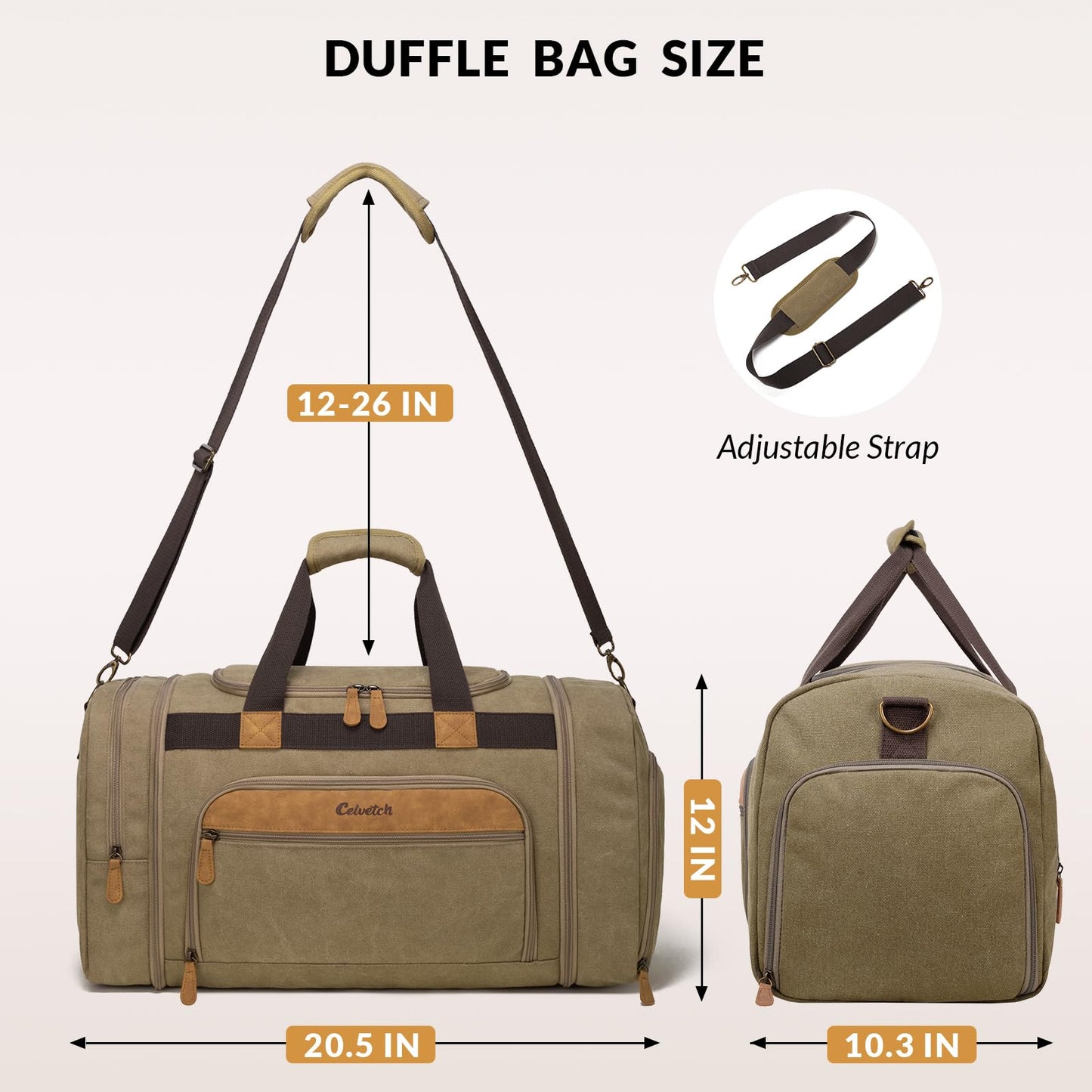 Celvetch Canvas Duffle Bag for Travel 50L Expandable Travel Duffel Bags for Men Women Weekender Overnight Bag with Shoes Compartment - Brown