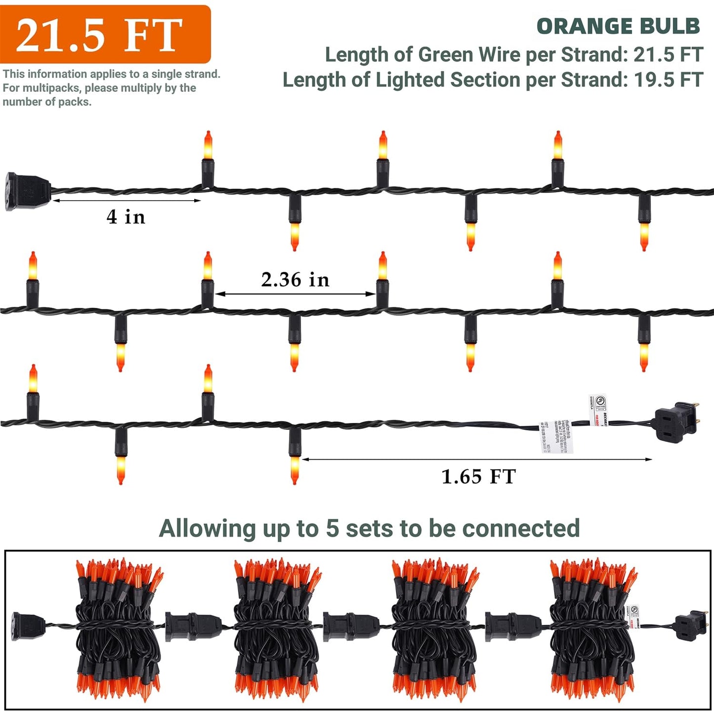 Watereem 2 Pack Orange Halloween Lights, 100 Count, Incandescent Mini Halloween String Lights Outdoor, Black Wire Connectable Tree Light for Garland Christmas Thanksgiving Holiday Patio Home Decor