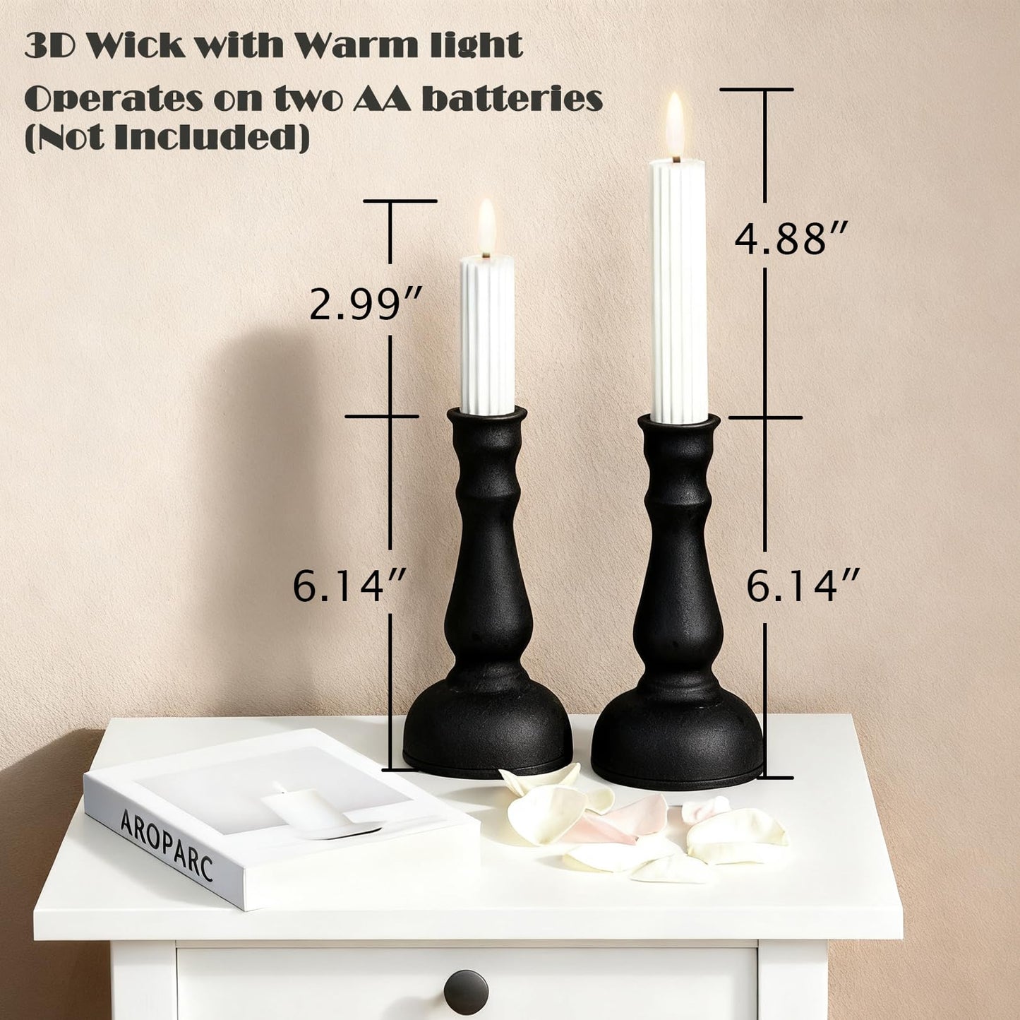 Aroparc Flickering Flameless Battery Operated LED Candles,Realistic All-Metal Candle Lights No-Melted, Room Decor, Home Decor - Matte 2pcs 1 Tall+1 Short