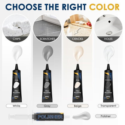 Quartz Countertop Repair Kit, Granite & Marble Repair Kit with 4*15g Filler(White,Beige, Gray,Clear), 30s Fast Repair Chip, Hole, Scratch, Crack on Fiberglass, Porcelain, Ceramic Tile, Bath Tub, Sink