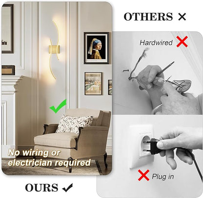 Battery Operated Wall Sconces Set of Two with Remote Control, Stepless Colors 3000K-6000K & Dimming, LED Brass Wireless Wall Light for Living Room, Hallway, Bedroom, 31.5 Inch (2 Pack)
