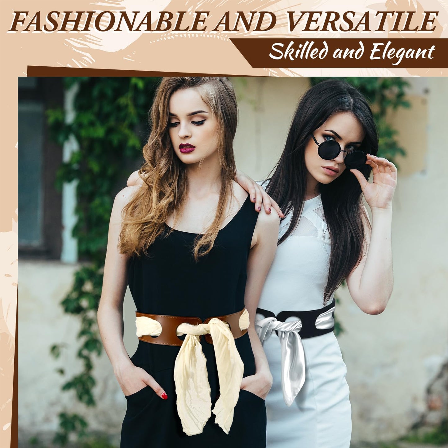 Cutecrop Reversible Scarf Waist Belt, Double Sided PU Leather Scarf Belt 27.5 x 2.5in Versatile Reversible Wide Black and Tan Accessory PU Wide Leather Belts for Women, Without Scarves
