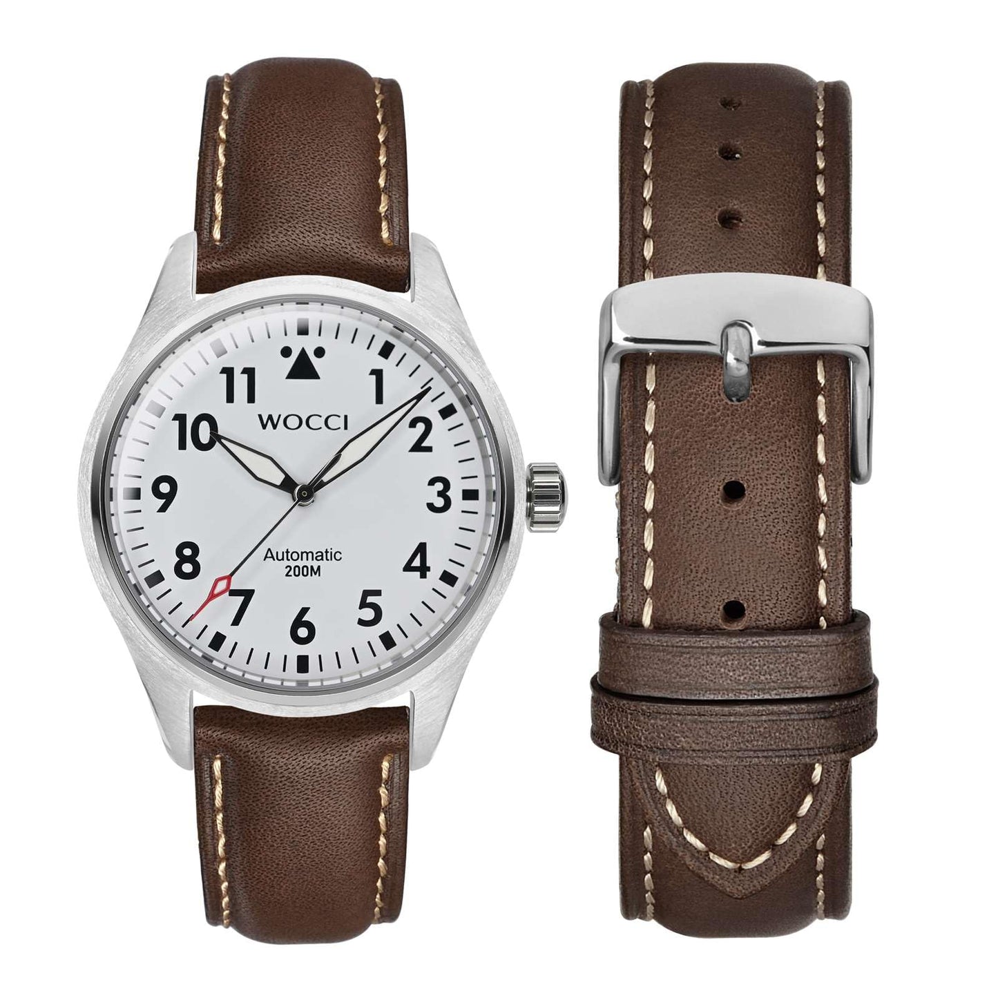 WOCCI 23mm Vintage Leather Watch Band for Men and Women, Silver Buckle (Dark Brown/Contrasting Stitch)