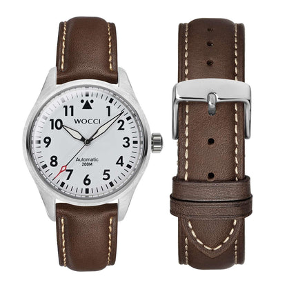 WOCCI 19mm Vintage Leather Watch Band for Men and Women, Silver Buckle (Dark Brown/Contrasting Stitch)