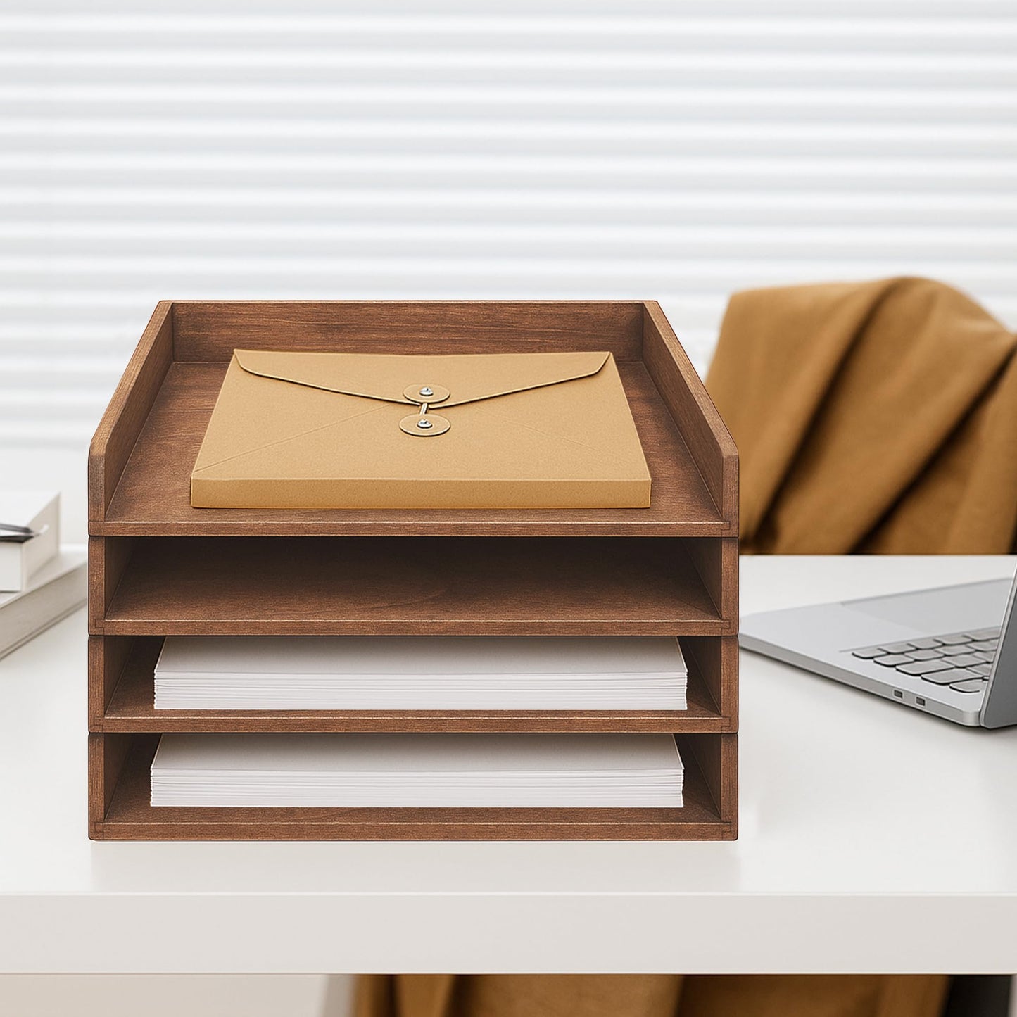 PROLEE Wooden Paper Tray Organizer for Desk,Stackable Paper Holder and Letter Tray,4-Tier Desktop File Storage Rack for Study,Home and Office(Walnut,14" x 9.5" x 2.5")