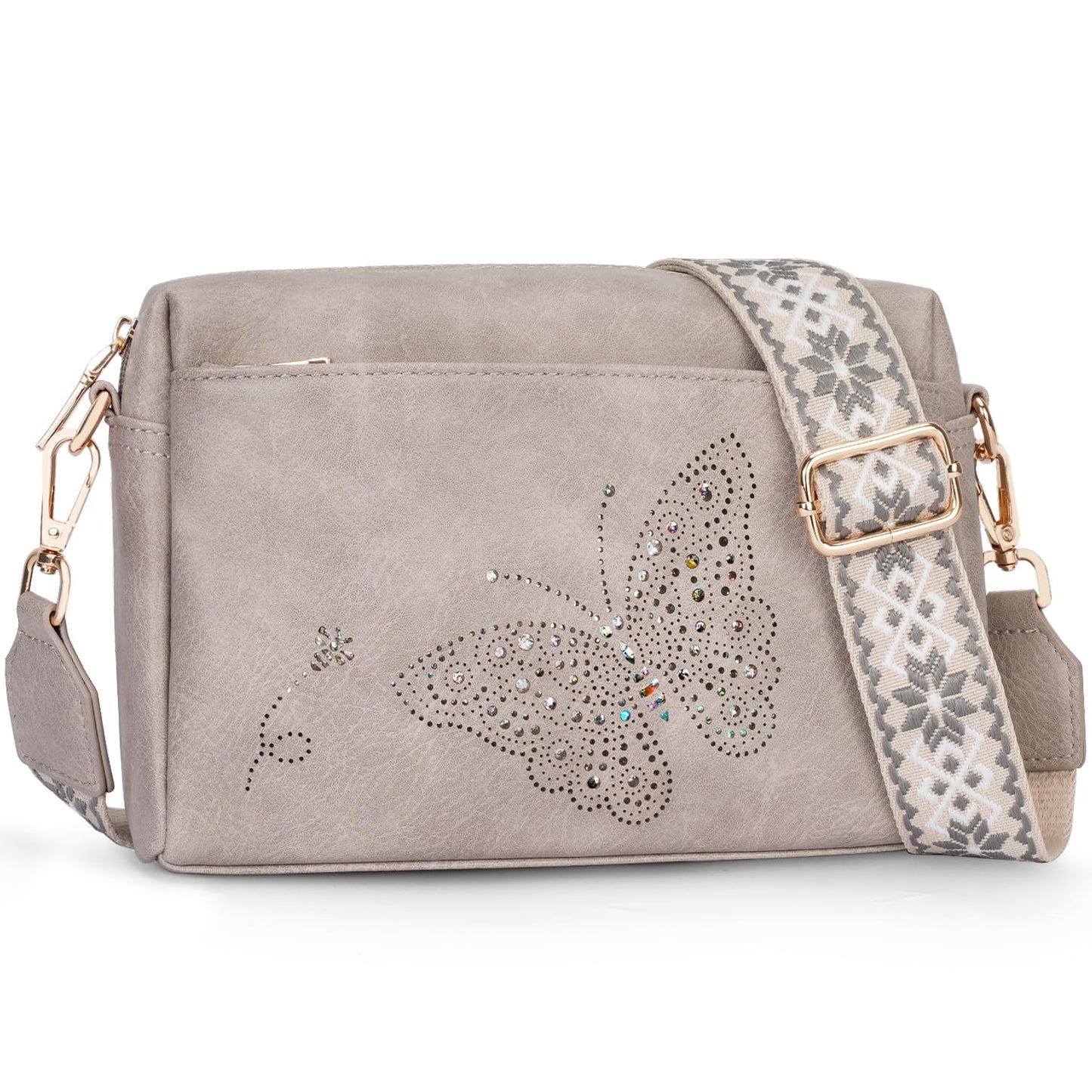 KITEVIUN Crossbody Bags for Women, Vegan Leather Phone Purse Triple Zip Butterfly Women’s Shoulder Handbags with Wide Strap Gray