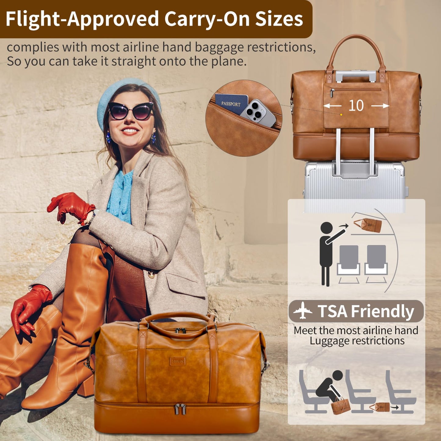 Faux Leather Weekender Bags for Women: Large Overnight Bags Travel Duffel Bag Carry On Shoulder Weekend Tote with Shoe & Laptop Compartment & Toiletry Bags for Airplane Traveling Gym, Brown