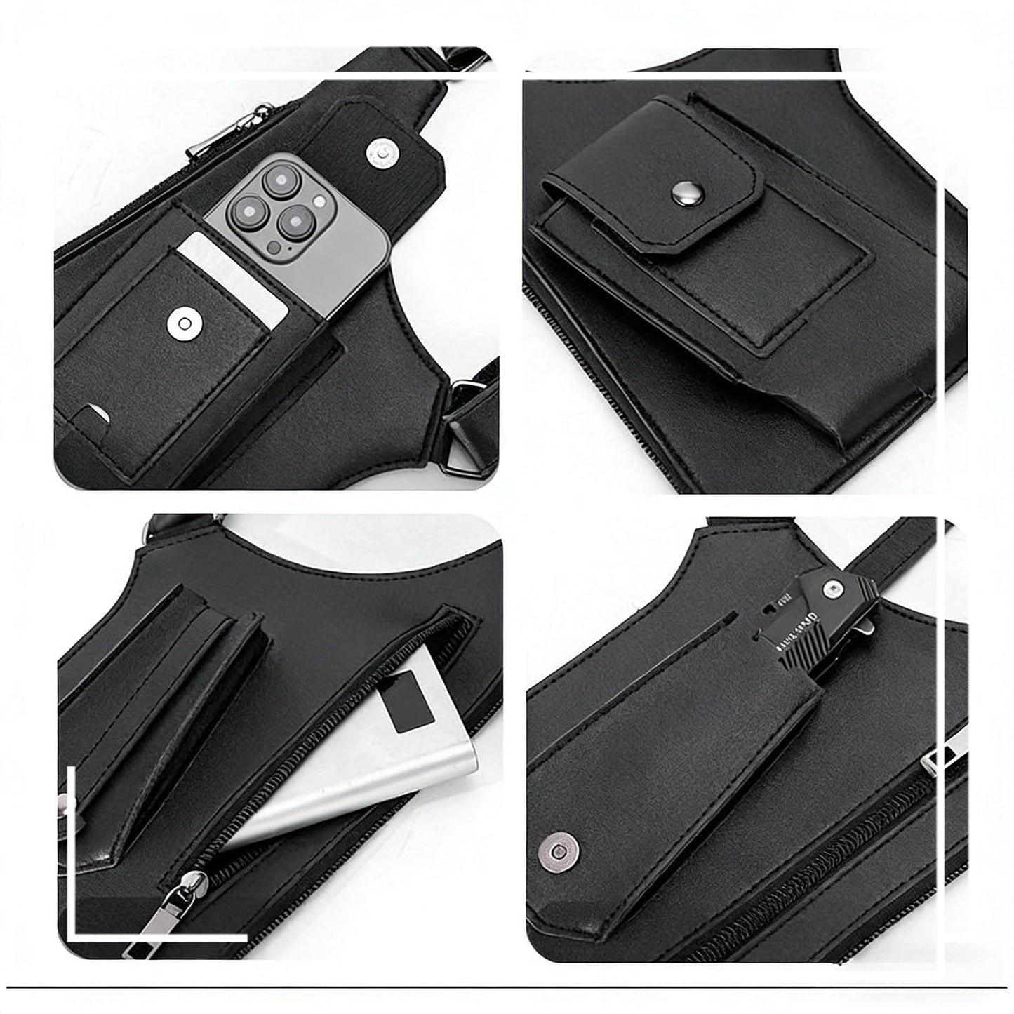 Unisex Premium Leather Shoulder Bag, Adjustable Anti Pickpockets Accessories & Armor Hidden Underarm Strap Wallet (Black)