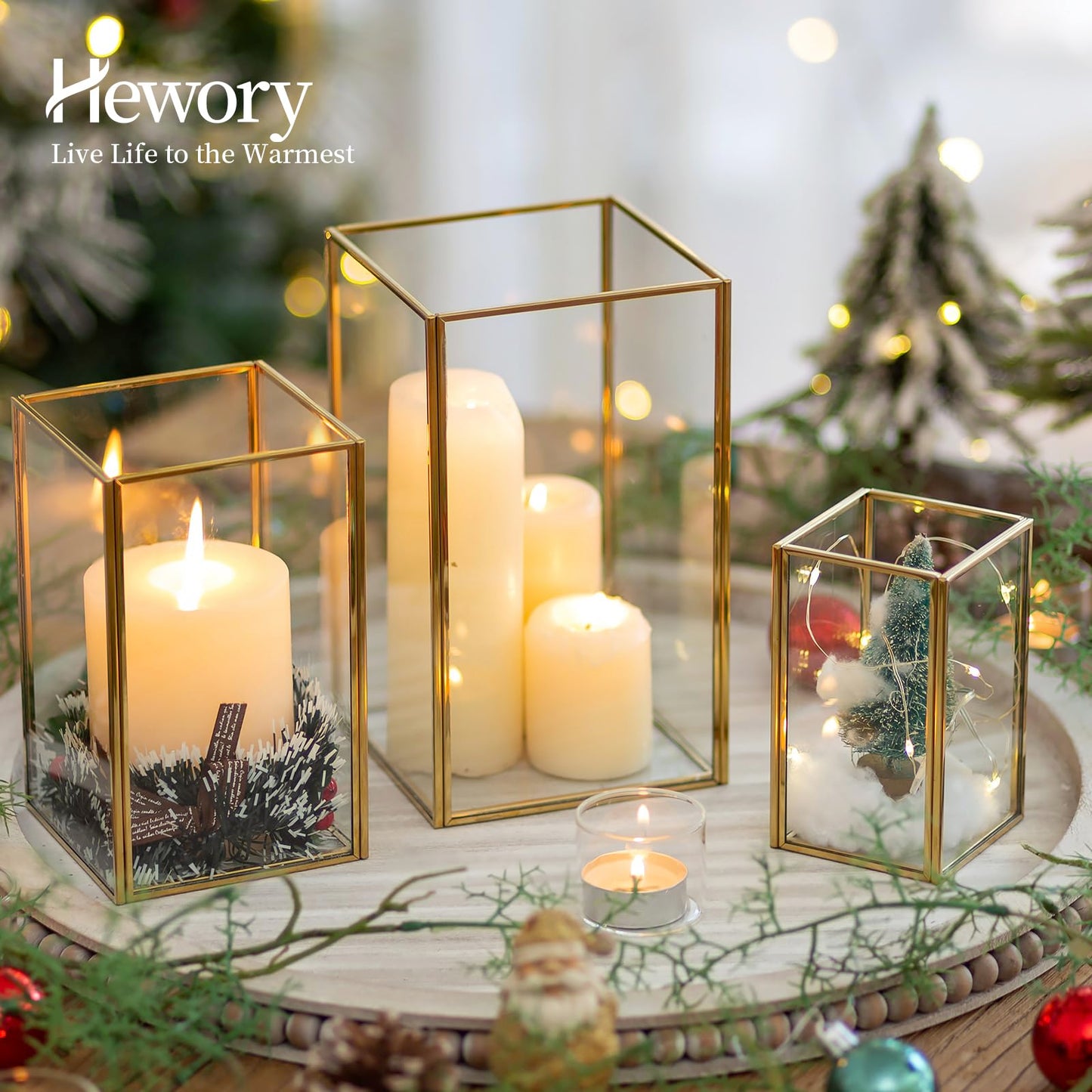 Hewory Glass Hurricane Candle Holder: Gold Hurricane Candle Holders with Metal Frame Square Set of 18, Clear Candle Holder for Table Centerpiece Wedding Christmas Engagement Birthday Party Decorations