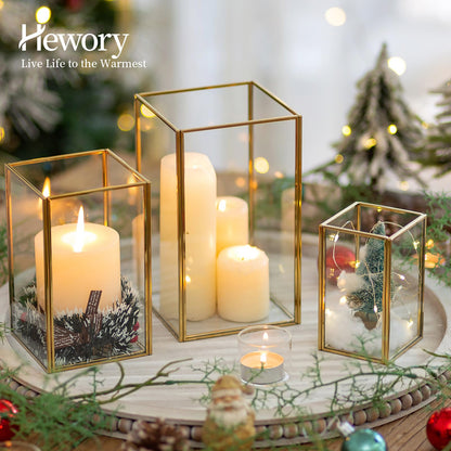 Hewory Glass Hurricane Candle Holder: Gold Hurricane Candle Holders with Metal Frame Square Set of 18, Clear Candle Holder for Table Centerpiece Wedding Christmas Engagement Birthday Party Decorations