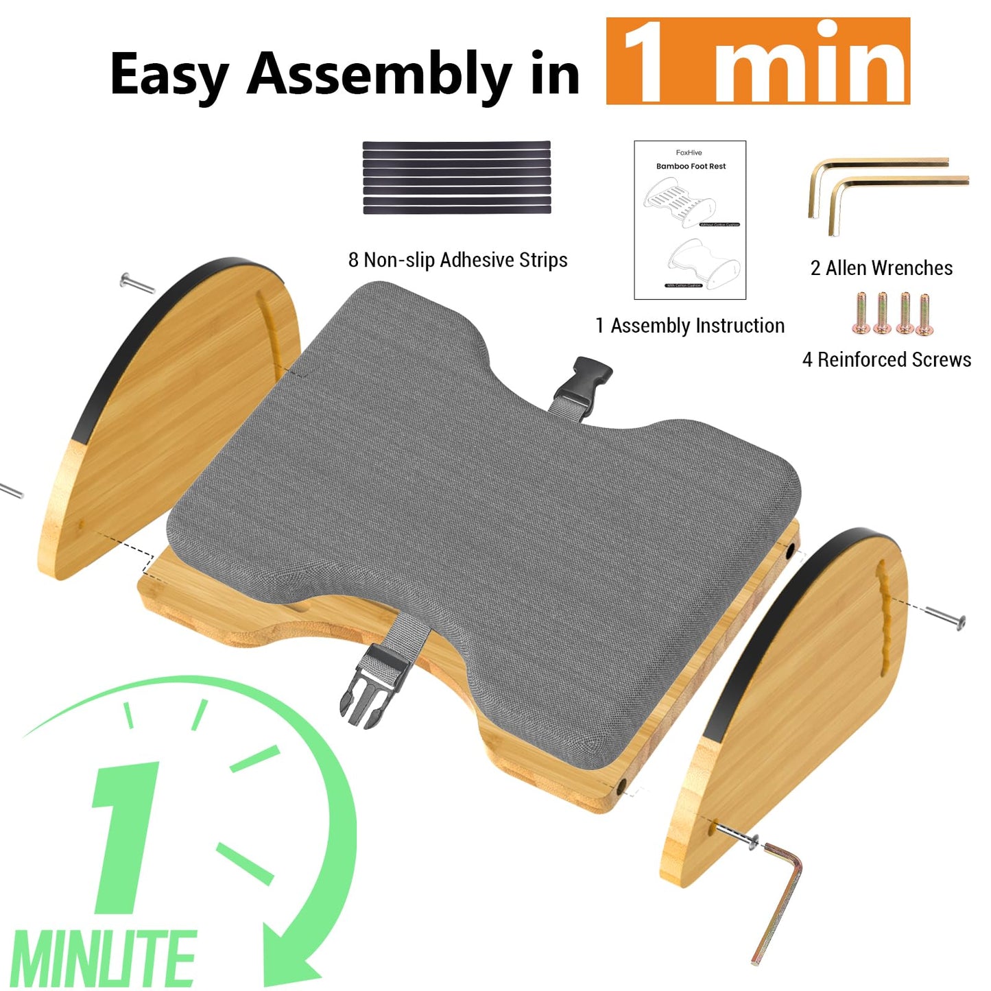 Bamboo Foot Rest for Under Desk at Work - 3-in-1 Reversible Rocking Under Desk Footrest with Foam Cushion and 6 Adjustable Heights, Ergonomic Foot Rest with Washable Cover for Home, Office and Gaming