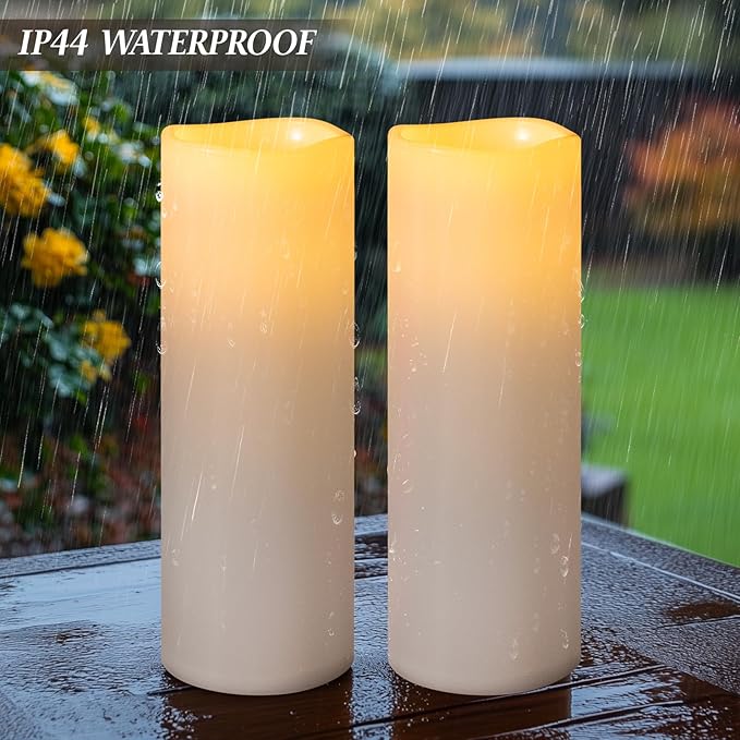 4" x 14" White Large Waterproof Outdoor Flameless Candles Battery Operated LED Flickering Pillar Candles with Remote and Timer for Indoor Outdoor Lanterns, Long Lasting, Set of 2