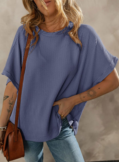 Dokotoo Womens Casual Spring Summer Shirts and Blouses for Women 2026 Off Shoulder T-Shirts Short Sleeve Waffle Knit Loose Tunic Tops Side Split Navy Blue Large