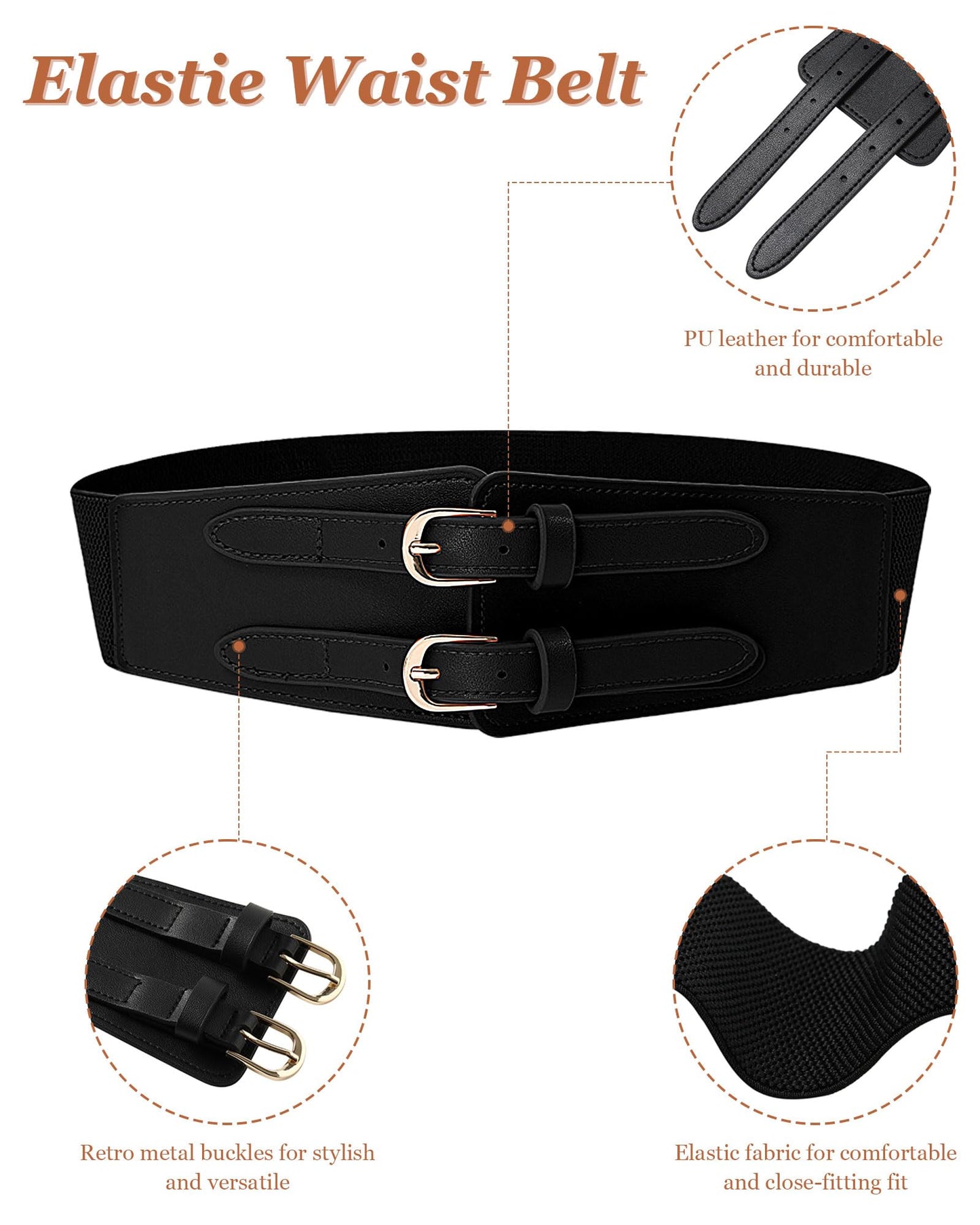 Kajeer Elastic Wide Waist Belt Women - Vintage Cinch Belts Women Wide Stretchy Belt for Dresses(M,Black)
