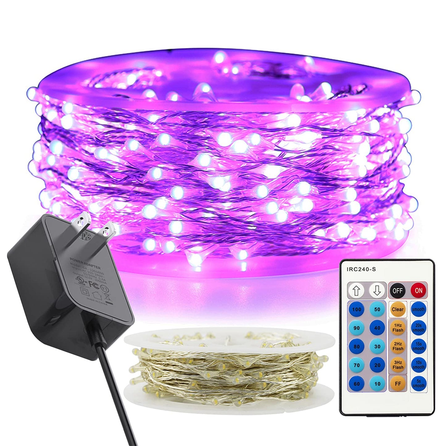 RUICHEN Dimmable Purple Fairy Lights Plug in, Waterproof Silver Wire 99 Ft 300 LED Starry String Lights with Remote for Christmas Halloween Party Bedroom Patio Garden