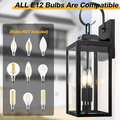 Black Dusk to Dawn Outdoor Wall Lantern 2-Light, 19" Large Outside Modern Porch Sconce Light Fixture, Industrial Porch Light Wall Mount with Glass, Waterproof Farmhouse Exterior Lamp Lighting