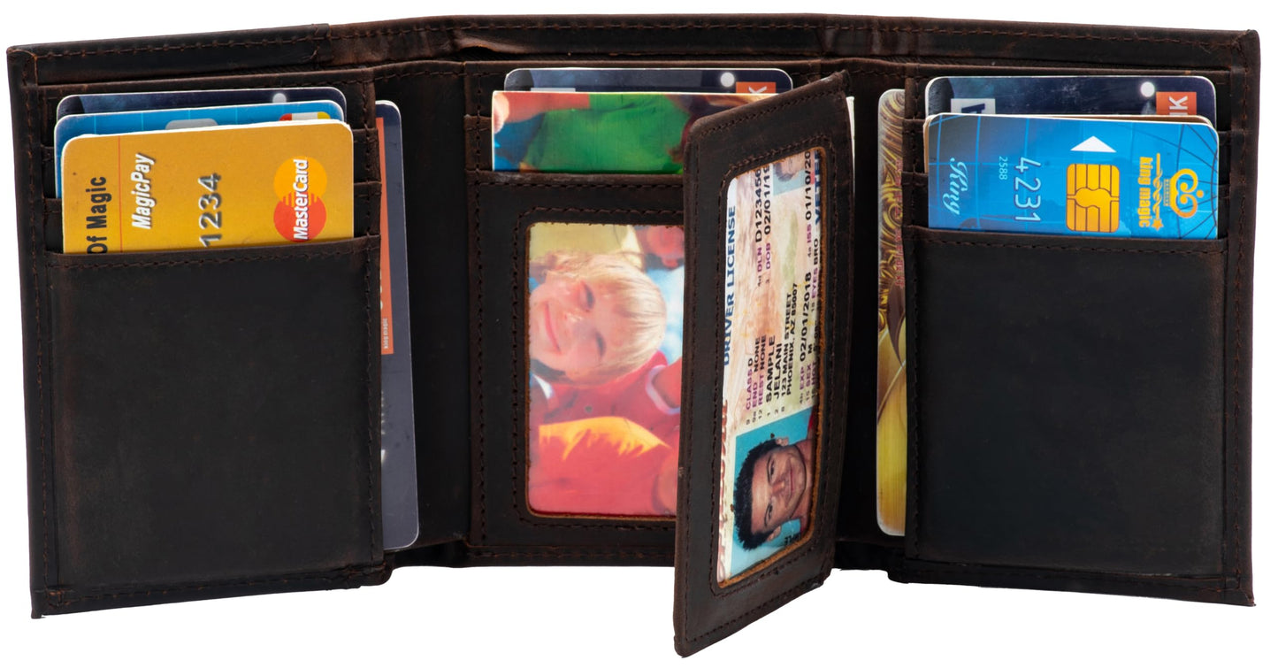WULOUJIE Mens large-capacity Trifold wallet with 2 ID Window，Genuine Leather RFID Blocking 11 card slots Wallet for Men (Dark brown)