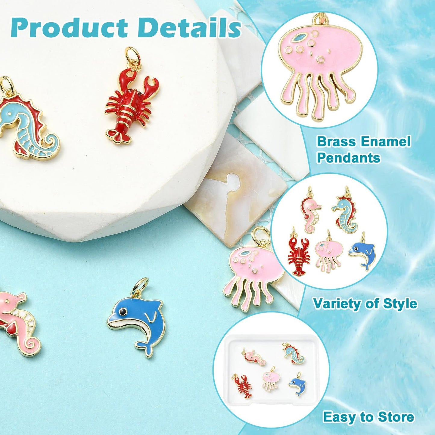 Stiesy Ocean Animal Theme Enamel Charms 5Pcs Brass Jellyfish Lobster Dolphin Sea Horse Marine Life Pendants 18K Gold Plated with Jump Rings for Beach Jewelry Making Sea Inspired Necklaces