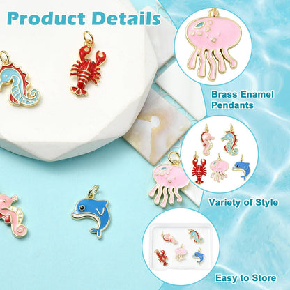 Stiesy Ocean Animal Theme Enamel Charms 5Pcs Brass Jellyfish Lobster Dolphin Sea Horse Marine Life Pendants 18K Gold Plated with Jump Rings for Beach Jewelry Making Sea Inspired Necklaces