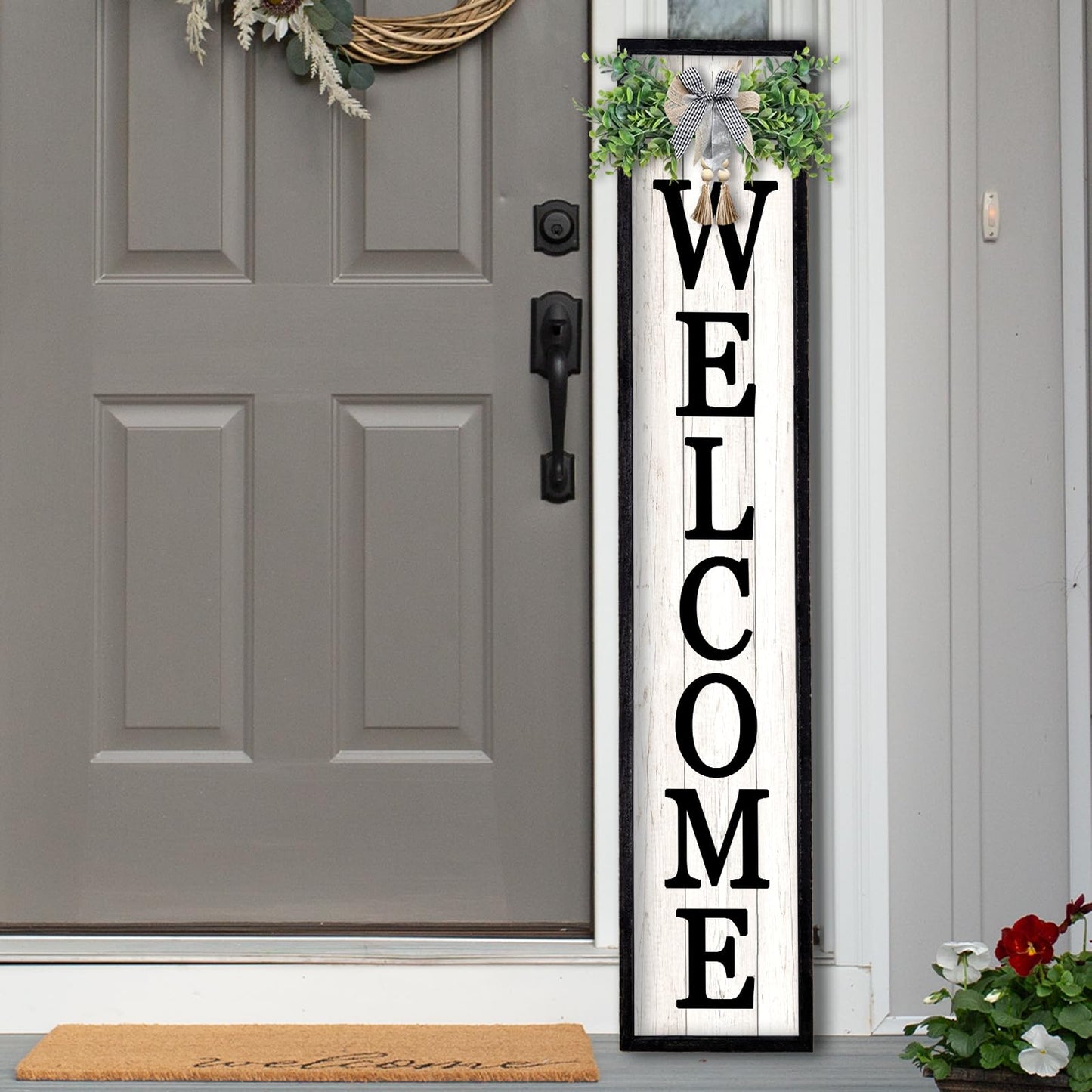 LuZhiQiang Front Porch for Welcome Standing Sign 45"X9" Vertical Tall Long Leaner Outdoor Front Door Wood Framed Decor (Black)
