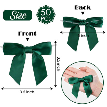 AIMUDI Twist Tie Bows for Treat Bags 3.5" Hunter Green Satin Ribbon Bows for Crafts Premade Bows with Twist Ties for Christmas Cake Pop Candy Apple Small Bows for Gift Wrapping Wedding Decor, 50 PCs