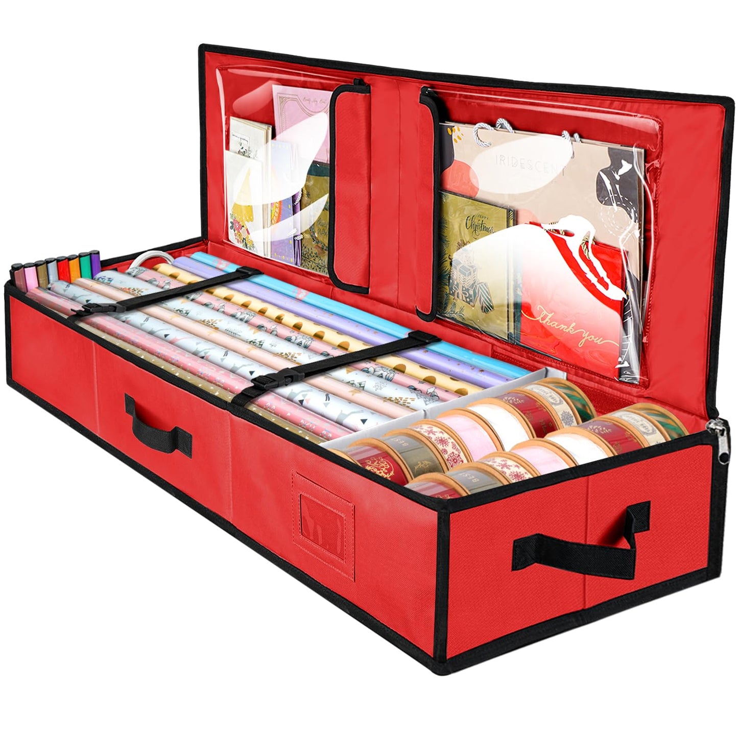 BALEINE Wrapping Paper Storage Organizer, 40" Durable 600D Oxford Fabric Gift Wrap Storage Bag with Flexible Partitions for Ribbon, Holiday Accessories (Red)