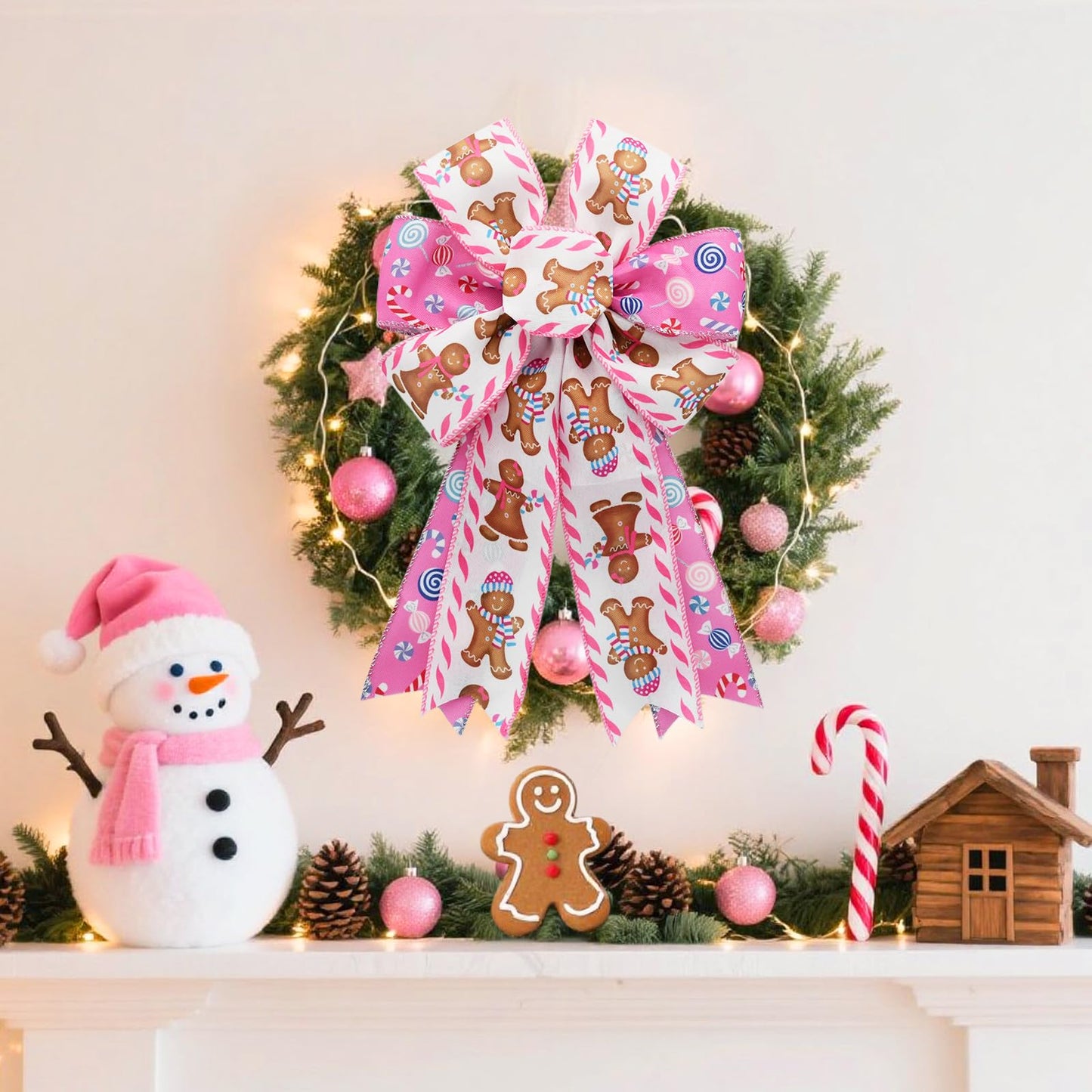 CRAFLOX Pastel Christmas Gingerbread Wired Ribbon for Wreath Bows, 3 Rolls, 2.5″ Wide, 15 Yards Total, Pastel Pink Candy Striped Wired Edge Ribbon for Crafts Supplies, DIY Bows