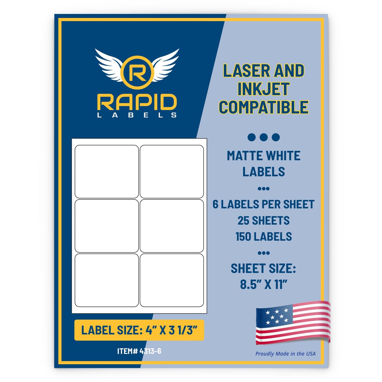 RAPID LABELS Printable Matte White Shipping Labels Stickers – 4"x3.33" Laser/Inkjet Compatible (6 per Sheet) 25 Sheets - 150 Total Multipurpose Self-Adhesive Labels to Write on/Print On | Made in USA
