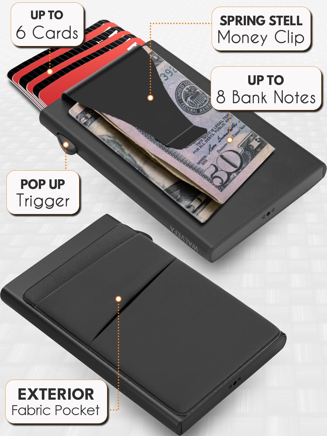 Slim Wallet for Men, Pop Up Card Holder Wallet RFID Blocking, Minimalist Metal Bussiness Credit Card Wallet with Money Clip & Pockets, Aluminum Thin Front Pocket Wallet (Black)